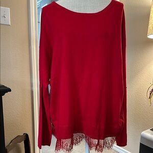 Ladies Plus Red Sweater with Lace Hem